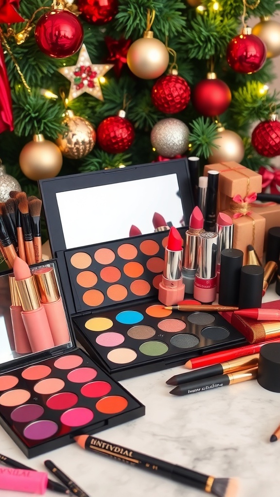 Holiday Makeup Offer A vibrant makeup display with Christmas decorations, showcasing various makeup products.